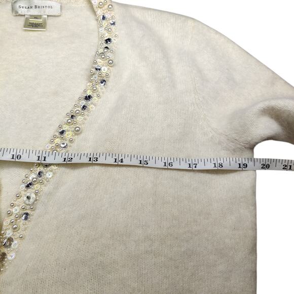 Vtg Susan Bristol Cream Angora Hair Jeweled Preppy Cardigan Sweater Old Money XL - Picture 10 of 12